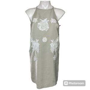 Elegant Olive Green Halter Dress with White Floral Embroidery
